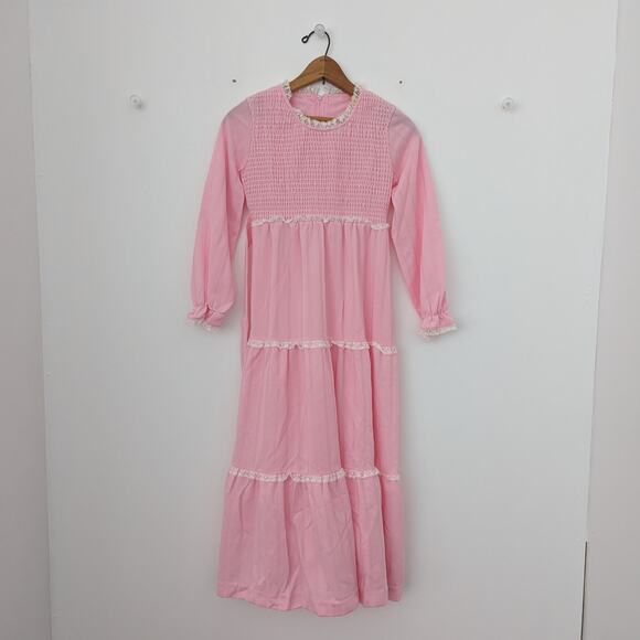 Vintage Dress Girls Size 8-9 Pink Maxi Smocked Long Sleeve Boho Hippie - Picture 1 of 8